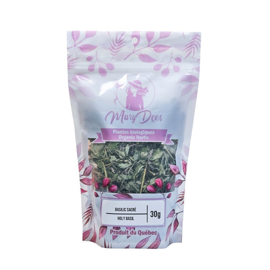 Basilic sacré biologique (Ocimum tenuiflorum) — feuilles et fleurs coupées 30 g, Mary Dee's | Herboristerie Desjardins